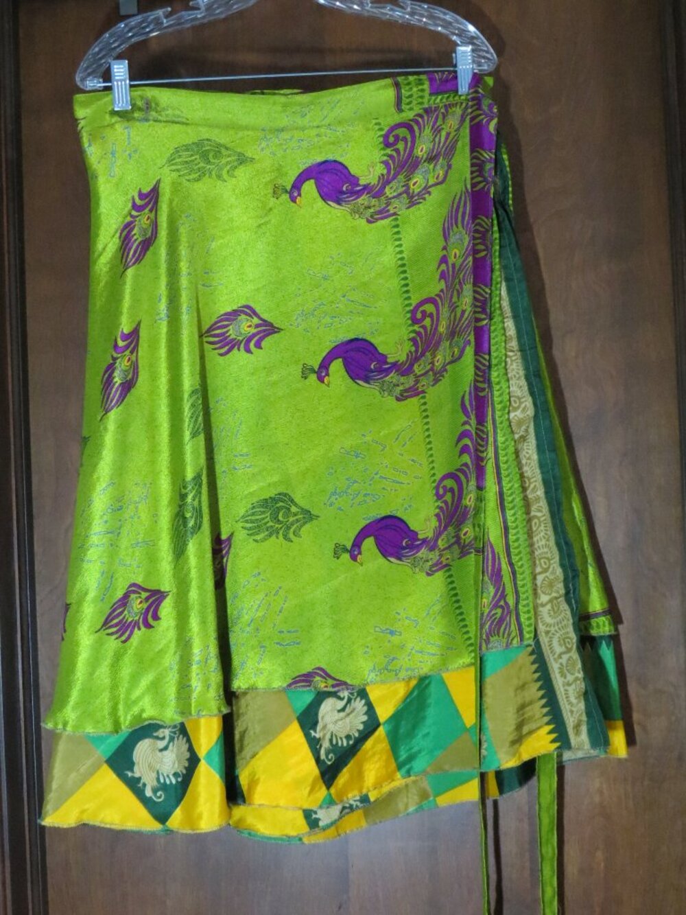 Darn Good Yarn Sari Silk Wrap Skirt Womens Goddess 14-32 Mini Peacocks!